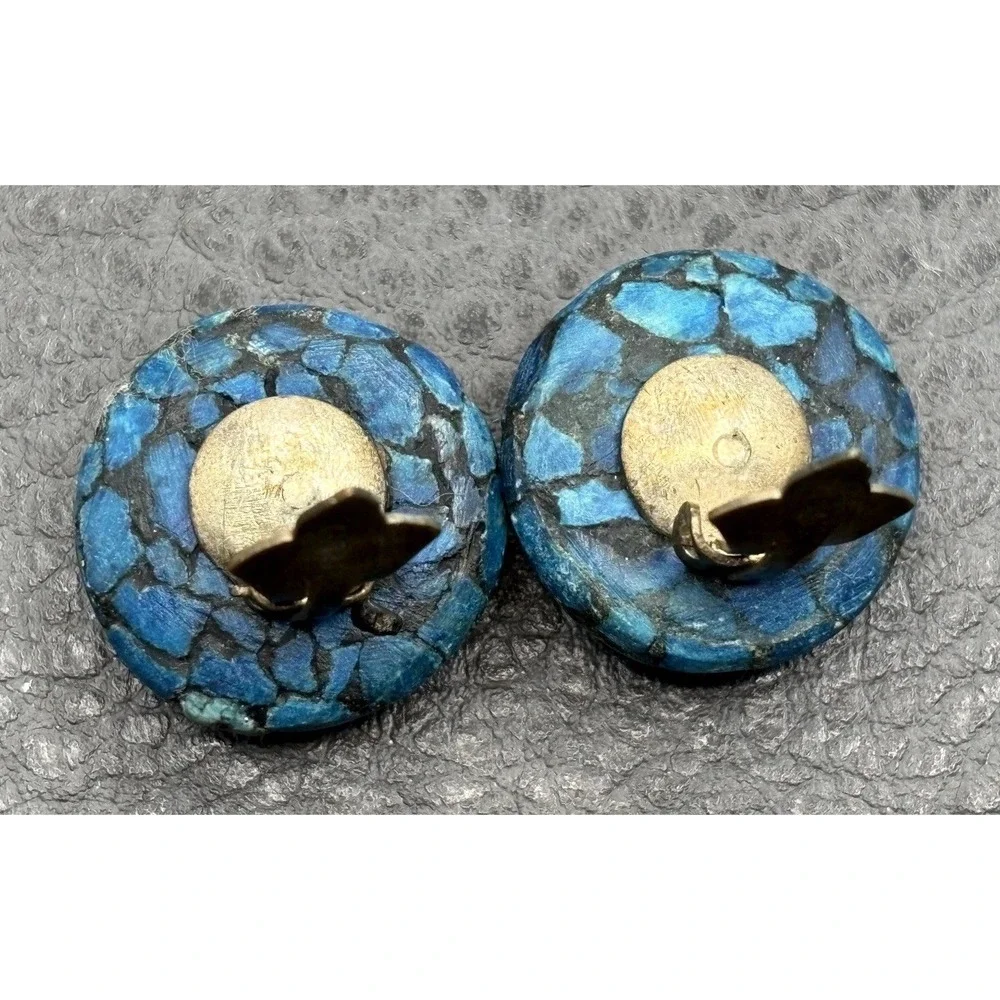 Vintage Made in India Blue Stone Chip Inlay Clip Earrings Boho Ethnic